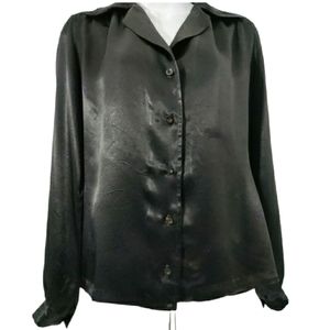 Vintage Black Satin Long Poet Sleeve Button Up Blouse Size Women's Size 9/10